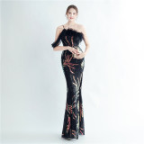 Women ostrich fur beaded evening dress