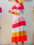 Women Autumn Pleated Print Contrast Color Long-sleeved Top and Skirt Two-Piece Set
