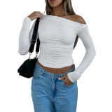 Women Solid Pressed Off Shoulder Pleated Slash Off Shoulder Top