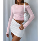 Women Solid Pressed Off Shoulder Pleated Slash Off Shoulder Top