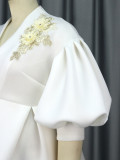 Plus Size Women Balloon Sleeves Turndown Collar Embroidered Top