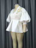 Plus Size Women Balloon Sleeves Turndown Collar Embroidered Top
