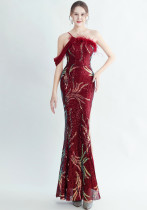 Women ostrich fur beaded evening dress