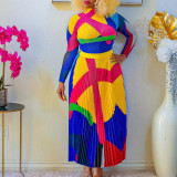 Women Autumn Pleated Print Contrast Color Long-sleeved Top and Skirt Two-Piece Set