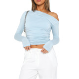 Women Solid Pressed Off Shoulder Pleated Slash Off Shoulder Top