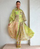 Women Floral Colorblock Balloon Sleeve Long Dress