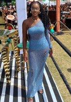 Women One Shoulder Knitting Hollow Sexy Beach Holidays Long Dress