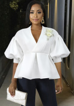 Plus Size Women Balloon Sleeves Turndown Collar Embroidered Top Plus Size Women Balloon Sleeves Turndown Collar Embroidered Top