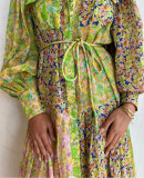 Women Floral Colorblock Balloon Sleeve Long Dress