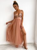 Women Color Block Sequin Mesh Camouflage Dress