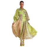 Women Floral Colorblock Balloon Sleeve Long Dress