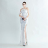 Women ostrich fur beaded evening dress