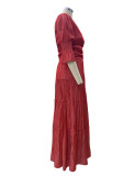 Women V Neck Long Sleeve Maxi Dress
