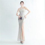 Women ostrich fur beaded evening dress