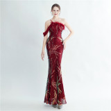 Women ostrich fur beaded evening dress
