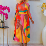 Women Autumn Pleated Print Contrast Color Long-sleeved Top and Skirt Two-Piece Set