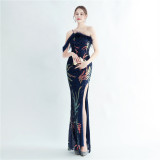 Women ostrich fur beaded evening dress