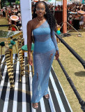 Women One Shoulder Knitting Hollow Sexy Beach Holidays Long Dress