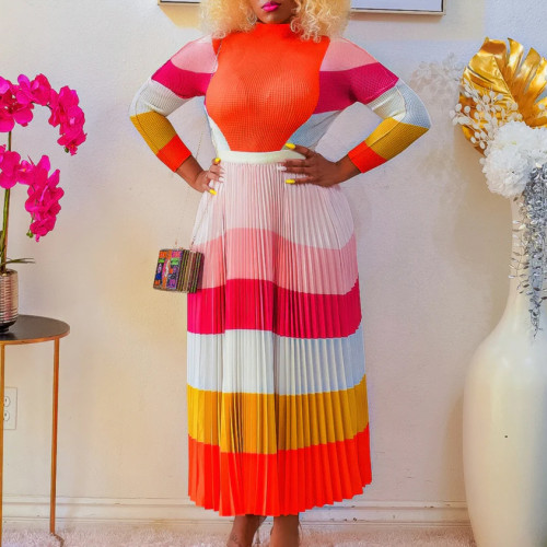 Women Autumn Pleated Print Contrast Color Long-sleeved Top and Skirt Two-Piece Set
