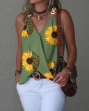 Women Summer Simple V-Neck Metal Buckle Printed Vest Top
