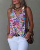 Women Summer Simple V-Neck Metal Buckle Printed Vest Top