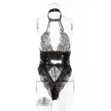 Women Lace PU Leather one-piece Sexy Lingerie