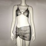 Women Rhinestone Fishnet Strap Top and Skirt Two-Piece Set