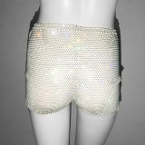Women Super Glitter Diamond Fishnet High Waist Shorts Casual Rhinestone Shorts