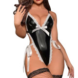Women deep v zipper PU Leather one-piece Sexy Lingerie