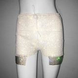 Women Super Glitter Diamond Fishnet High Waist Shorts Casual Rhinestone Shorts