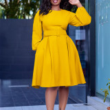 African Women Long Sleeve Round Neck Dress With Belt