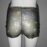 Women Super Glitter Diamond Fishnet High Waist Shorts Casual Rhinestone Shorts