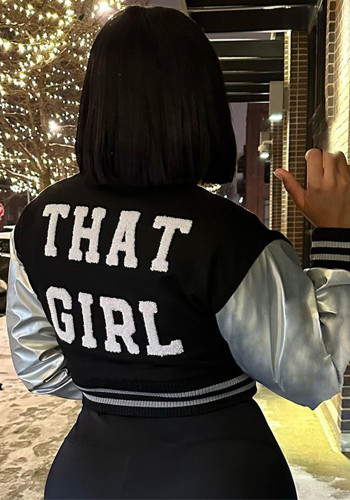 Women Summer Patchwork Pu Leather Long Sleeve Button Down Letter Embroidered Jacket
