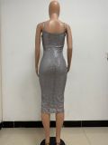 Summer Women's Sleeveless Low Back Straps Sequin Party Dress
