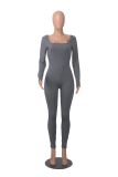 Women's Solid Color Long Sleeve Ribbed Square Neck Low Back Butt Lift Slim Athletic Jumpsuit
