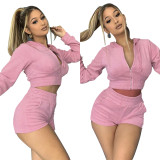 Women's Autumn Solid Velvet Hooded Long Sleeve Tight Fitting Two Piece Tracksuit