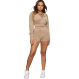 Women's Autumn Solid Velvet Hooded Long Sleeve Tight Fitting Two Piece Tracksuit