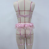 Women's Fashion Mesh See-Through Patchwork Sexy Garter Belt Nightclub Three-Piece Lingerie Set