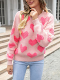Winter Clothes Sweet Heart Print Round Neck Knitting Shirt Pullover Women's Sweater