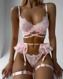 Women's Fashion Mesh See-Through Patchwork Sexy Garter Belt Nightclub Three-Piece Lingerie Set