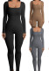 Women's Solid Color Long Sleeve Ribbed Square Neck Low Back Butt Lift Slim Athletic Jumpsuit