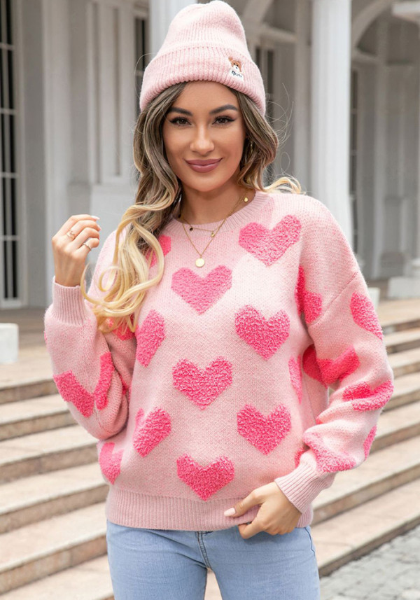 Winter Clothes Sweet Heart Print Round Neck Knitting Shirt Pullover Women's Sweater