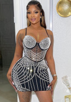 Women's Fashion Solid Color Mesh Beaded Straps Bodycon Club Dress