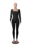 Women's Solid Color Long Sleeve Ribbed Square Neck Low Back Butt Lift Slim Athletic Jumpsuit
