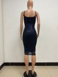 Summer Women's Sleeveless Low Back Straps Sequin Party Dress
