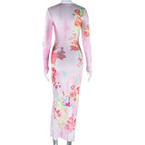 Women Printed Round Neck Long Sleeve Bodycon Maxi Dress