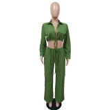 WomenCasual Backless Lace-Up Long Sleeve Top and Pocket Pants Two-Piece Set