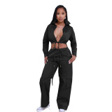 WomenCasual Backless Lace-Up Long Sleeve Top and Pocket Pants Two-Piece Set