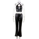 Women Sexy Halter Neck Lace-Up Top and Pu-Leather Pants Two-Piece Set