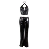 Women Sexy Halter Neck Lace-Up Top and Pu-Leather Pants Two-Piece Set